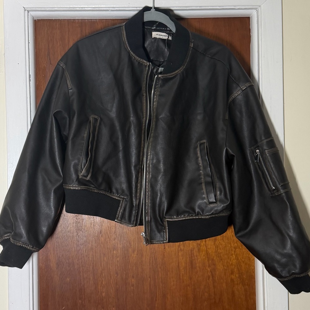 Glamorous Black Cropped Leather Bomber Jacket